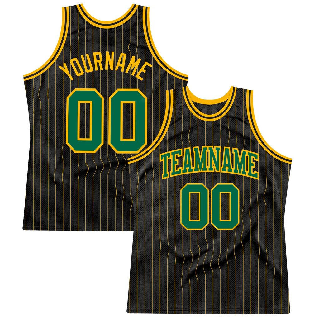 Custom Black Gold Pinstripe Kelly Green-Gold Authentic Basketball Jersey photo 1