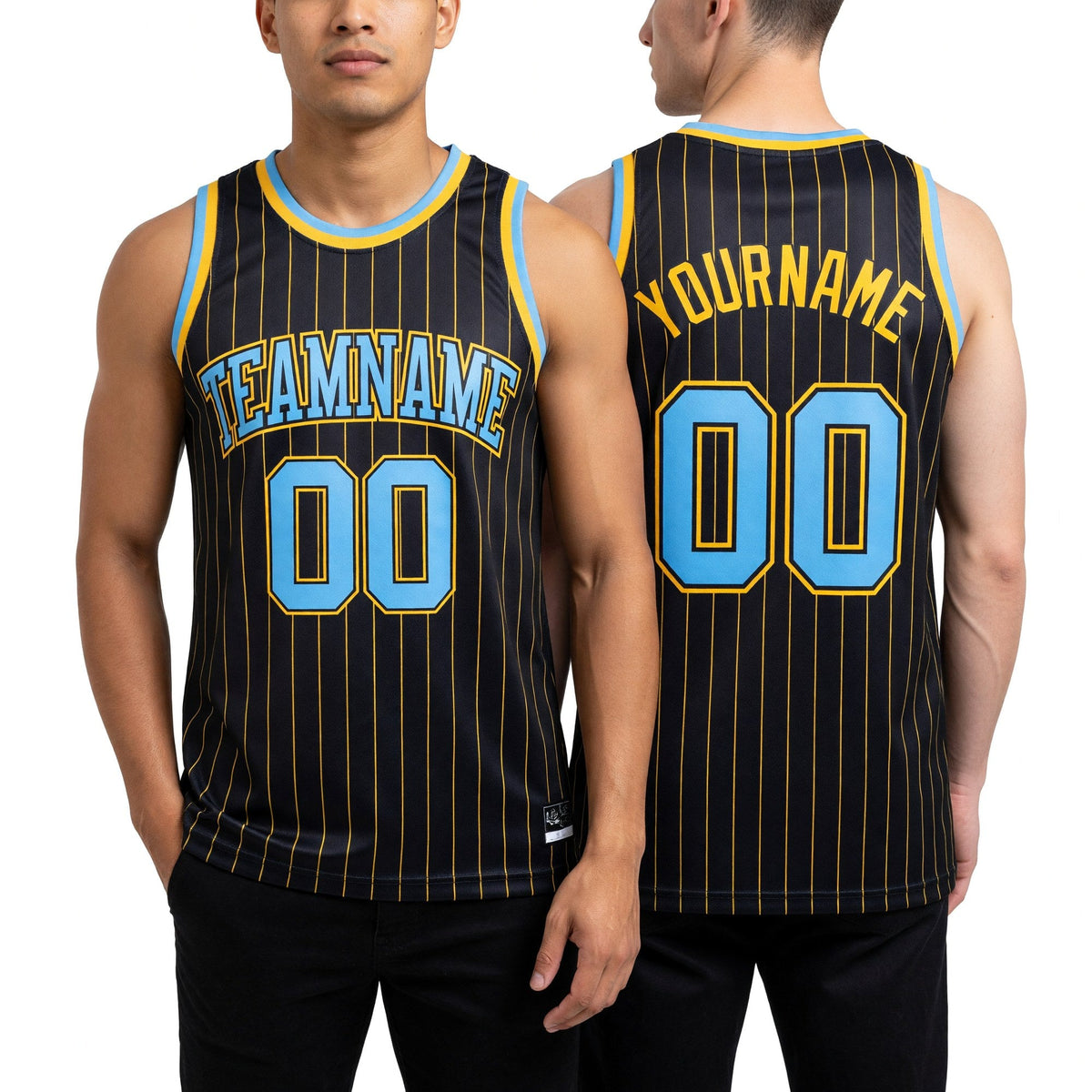 Custom Black Gold Pinstripe Light Blue-Gold Authentic Basketball Jersey worn front and back
