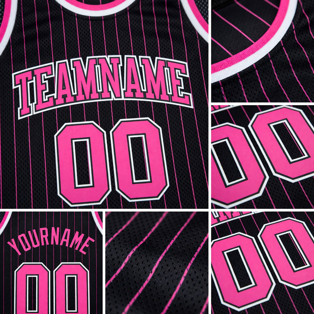 Custom Black Pink Pinstripe Pink-Black Authentic Basketball Jersey detail
