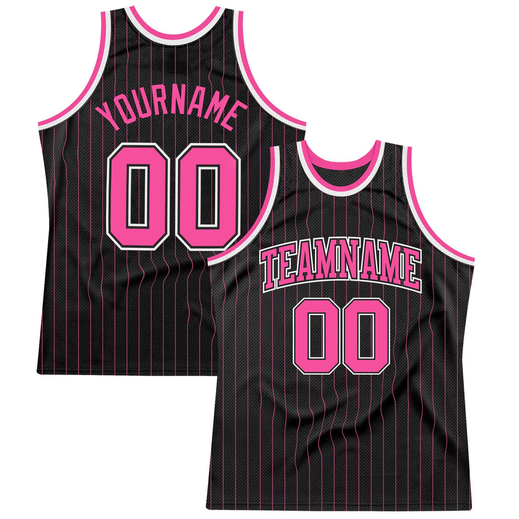 Custom Black Pink Pinstripe Pink-Black Authentic Basketball Jersey photo 1