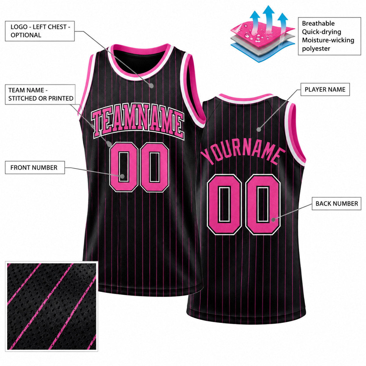 Custom Black and Pink Pinstripe Authentic Basketball Jersey with Pink and Black Lettering customization guide