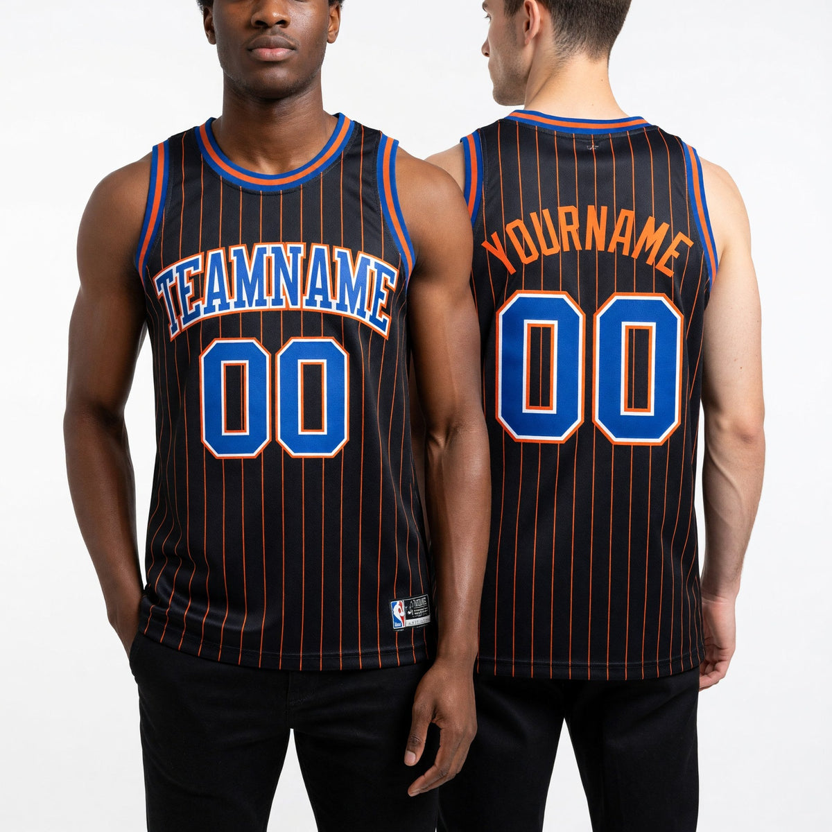 Custom Black Orange Pinstripe Royal-Orange Authentic Basketball Jersey worn front and back