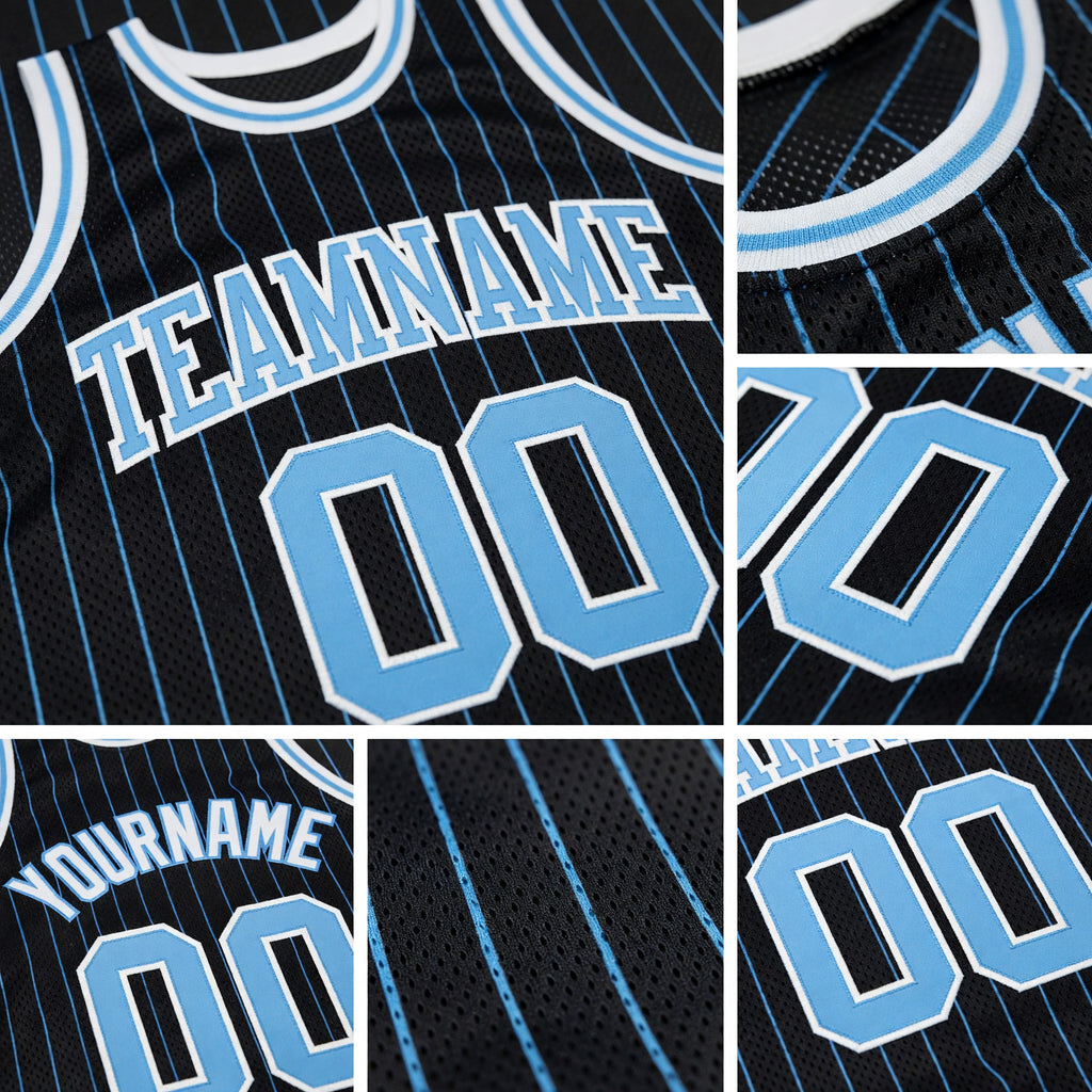 Custom Black Light Blue Pinstripe Light Blue-White Authentic Basketball Jersey detail