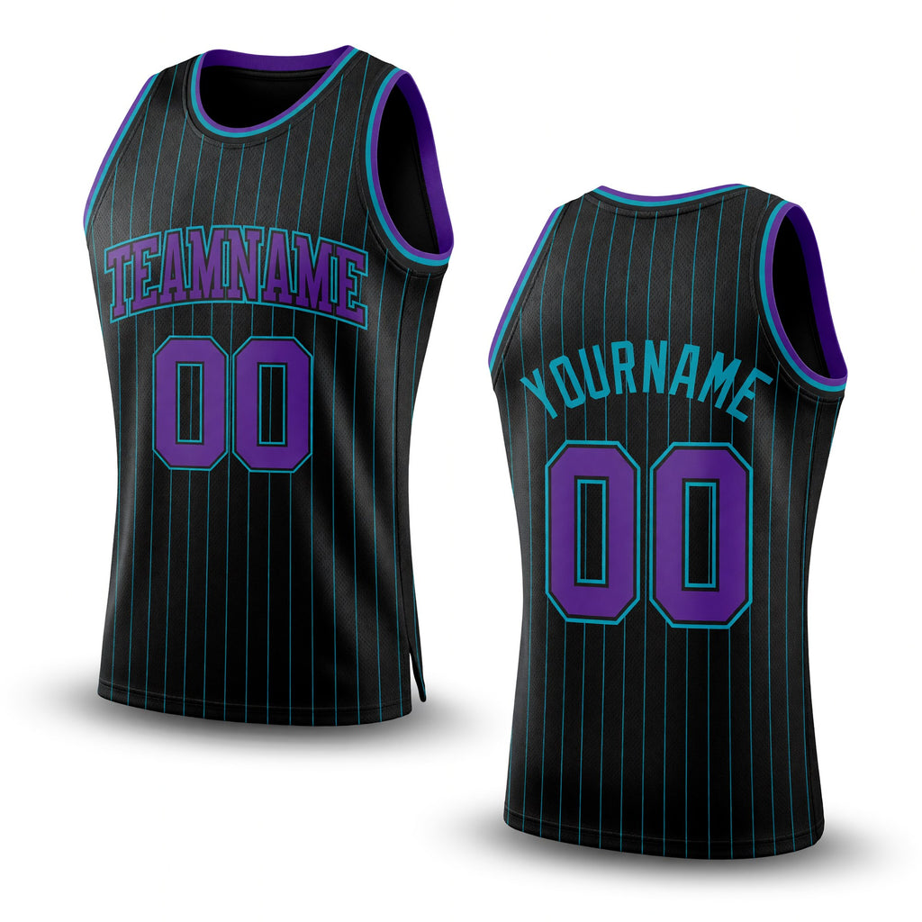 Custom Black Teal Pinstripe Purple-Teal Authentic Basketball Jersey