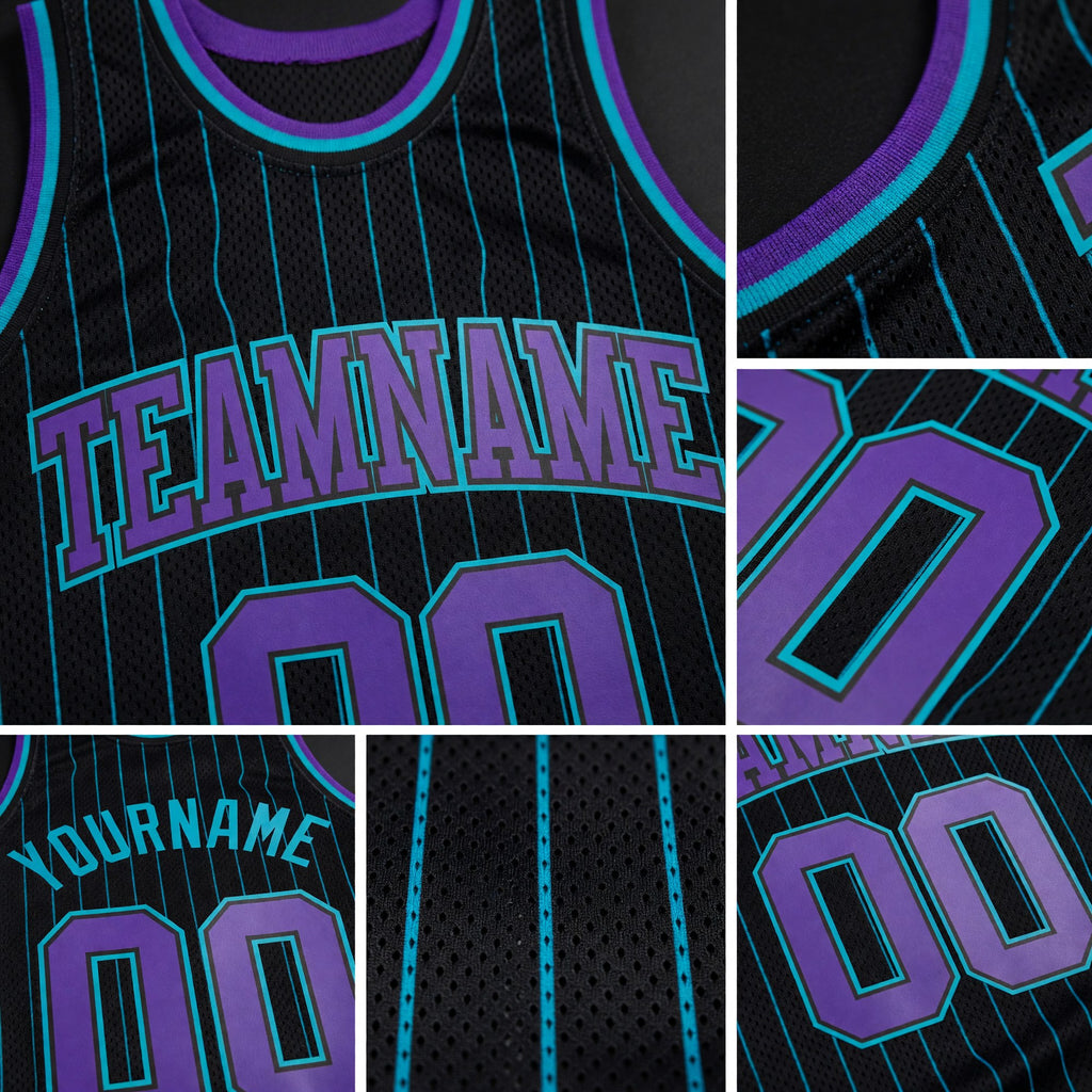 Custom Black Teal Pinstripe Purple-Teal Authentic Basketball Jersey detail
