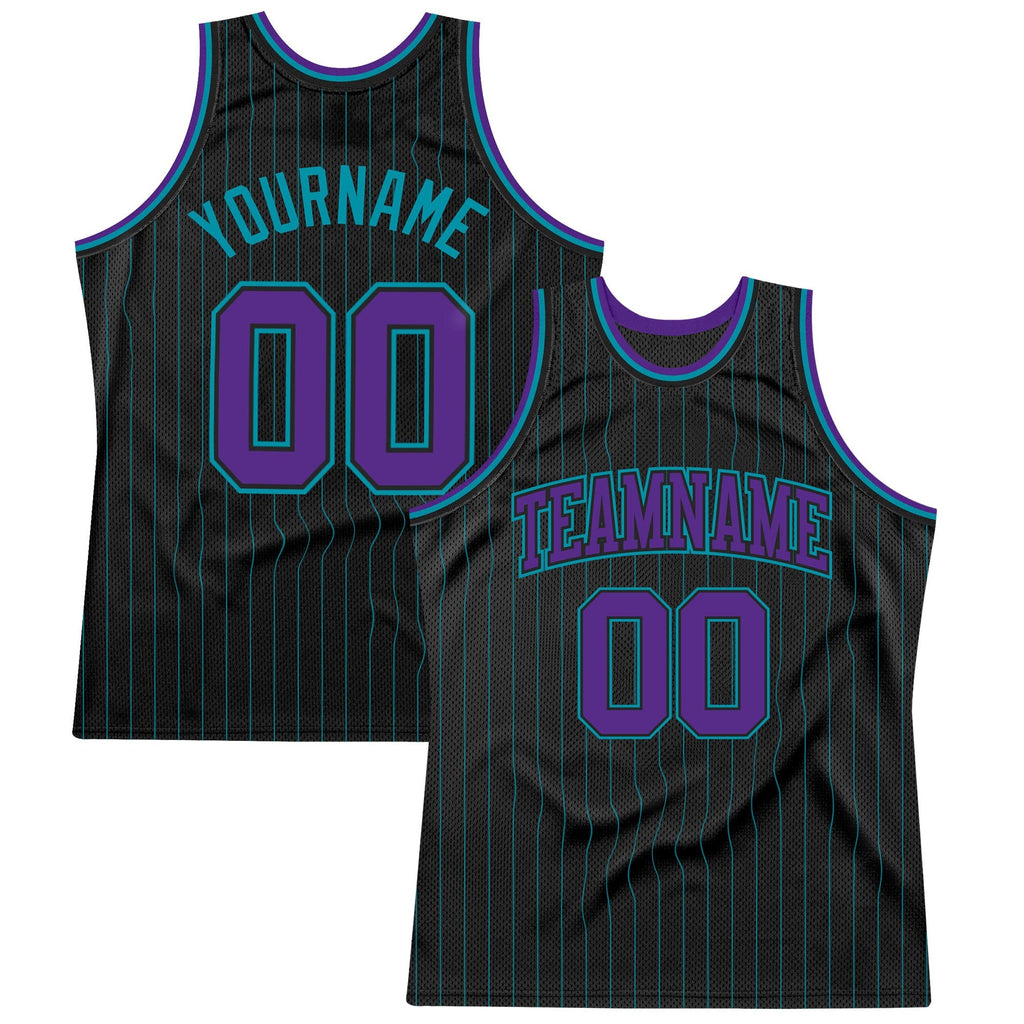 Custom Black Teal Pinstripe Purple-Teal Authentic Basketball Jersey photo 1