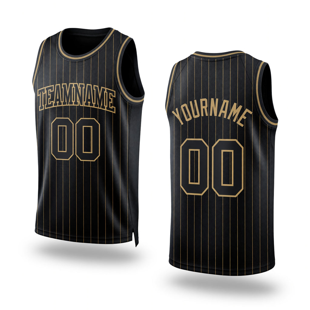 Custom Black Old Gold Pinstripe Black-Old Gold Authentic Basketball Jersey