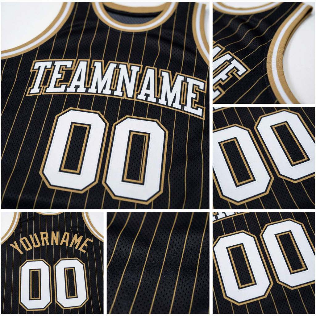 Custom Black Old Gold Pinstripe White-Old Gold Authentic Basketball Jersey detail