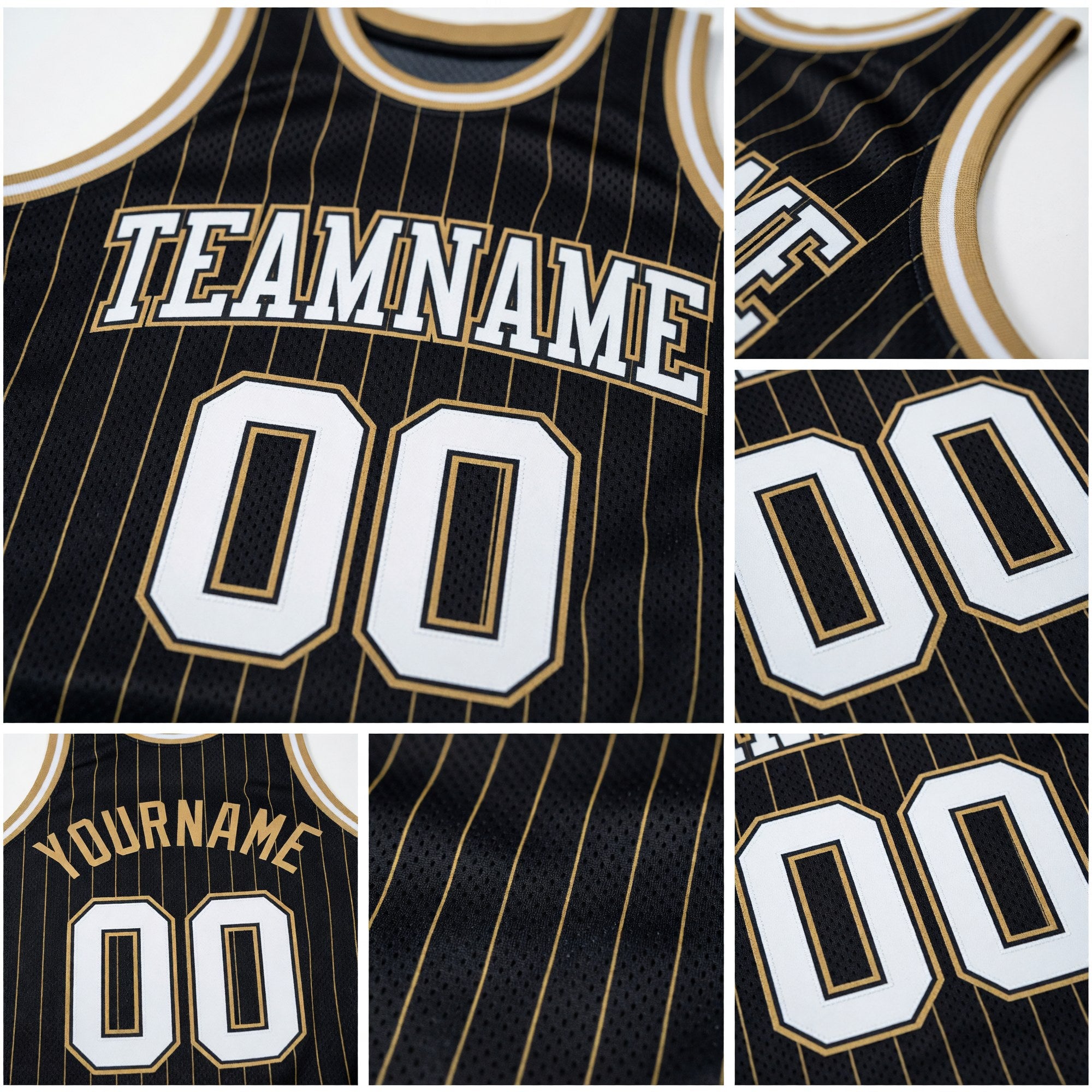 Custom Black Old Gold Pinstripe White-Old Gold Authentic Basketball Jersey detail