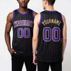 Custom Black Old Gold Pinstripe Purple-Old Gold Authentic Basketball Jersey worn front and back