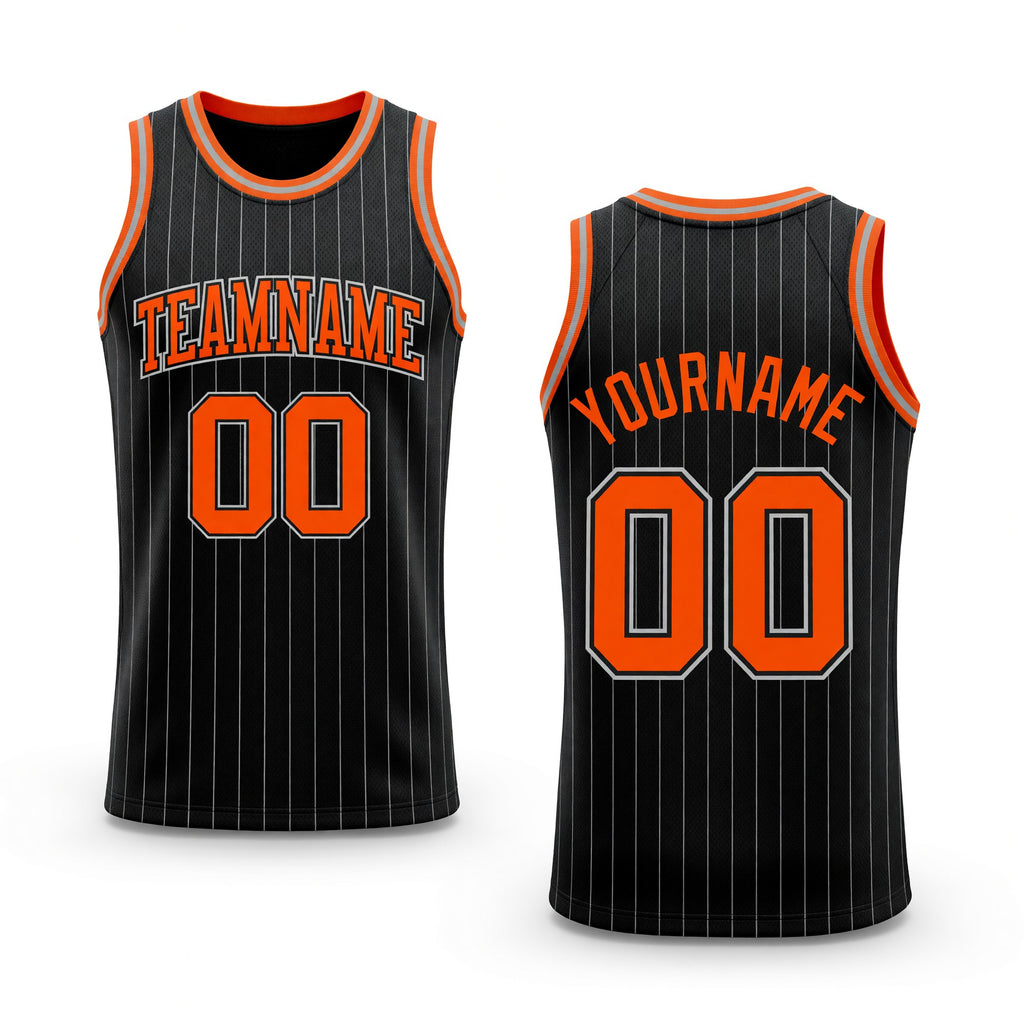 Custom Black Gray Pinstripe Orange-Gray Authentic Basketball Jersey