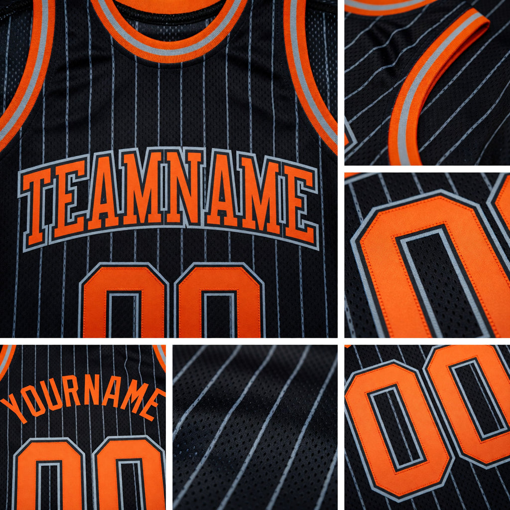 Custom Black Gray Pinstripe Orange-Gray Authentic Basketball Jersey detail