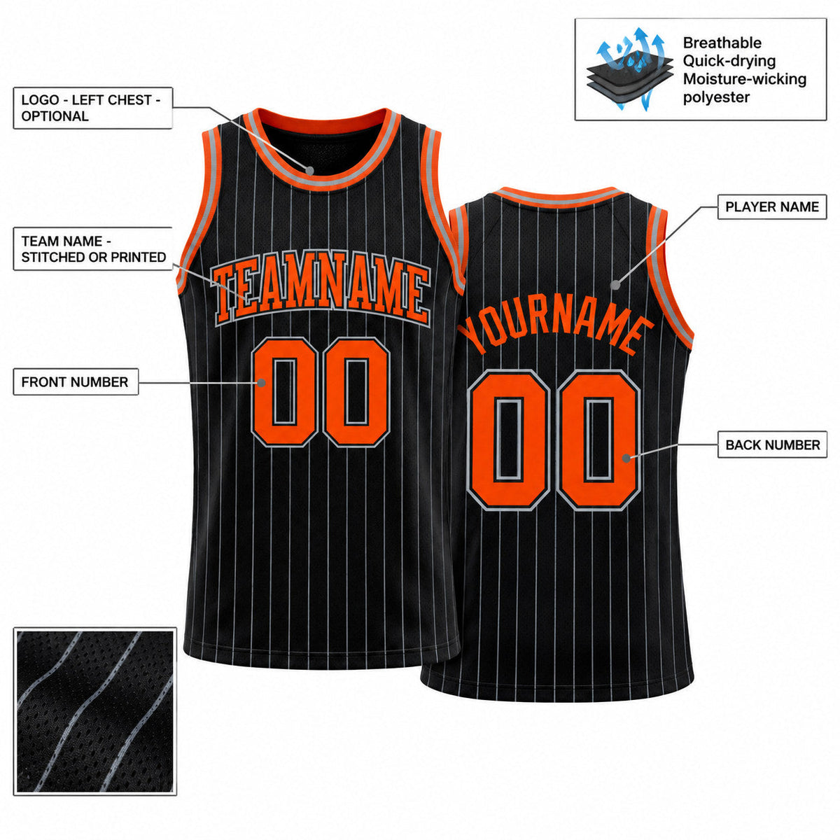 Custom Black and Gray Pinstripe Authentic Basketball Jersey with Orange and Gray Lettering customization guide