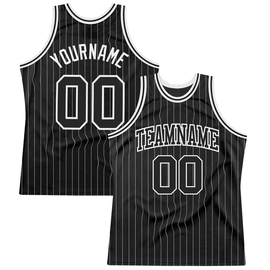 Custom Black White Pinstripe Black-White Authentic Basketball Jersey photo 1