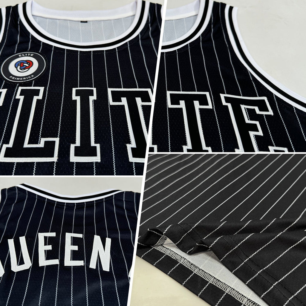 Custom Black White Pinstripe Black-White Authentic Basketball Jersey photo 2