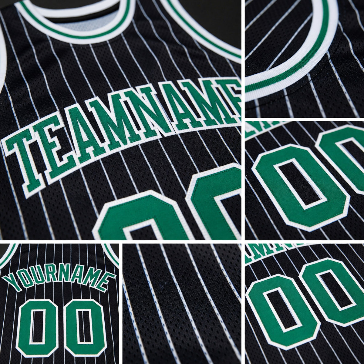 Custom Black White Pinstripe Kelly Green-White Authentic Basketball Jersey detail