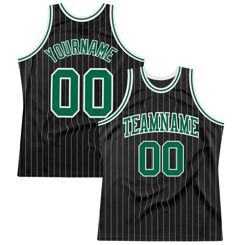 Custom Black White Pinstripe Kelly Green-White Authentic Basketball Jersey photo 1
