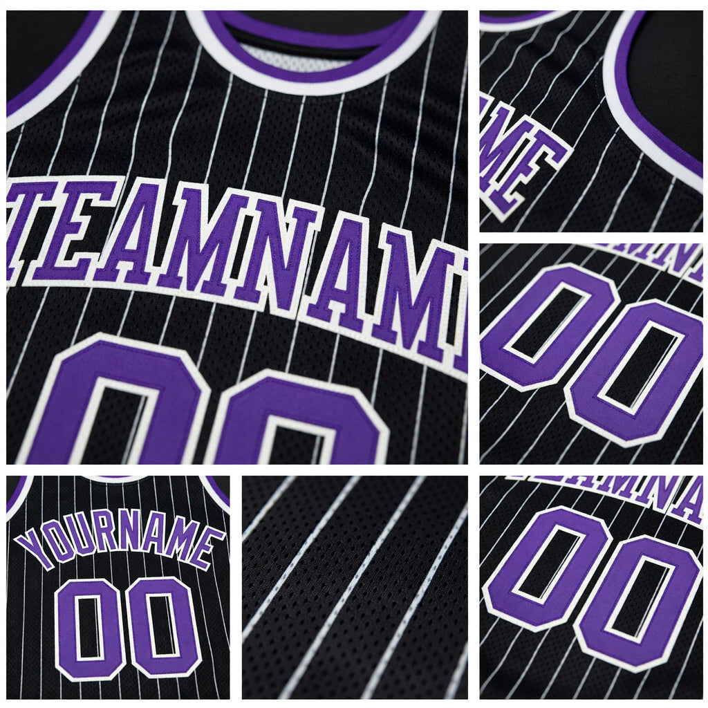 Custom Black White Pinstripe Purple-White Authentic Basketball Jersey detail