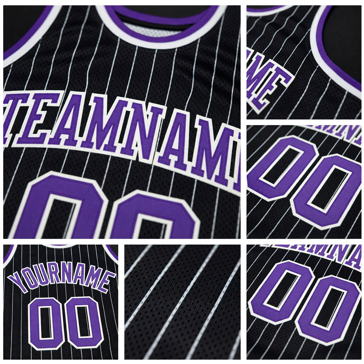Custom Black White Pinstripe Purple-White Authentic Basketball Jersey detail