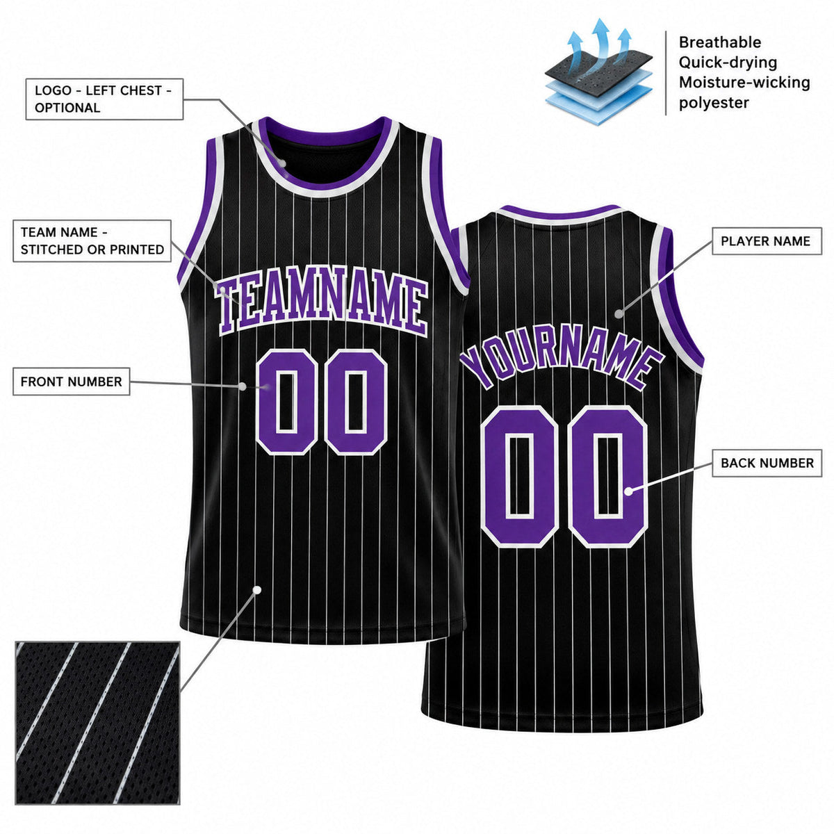 Custom Black and White Pinstripe Authentic Basketball Jersey with Purple and White Lettering Design 1341 customization guide