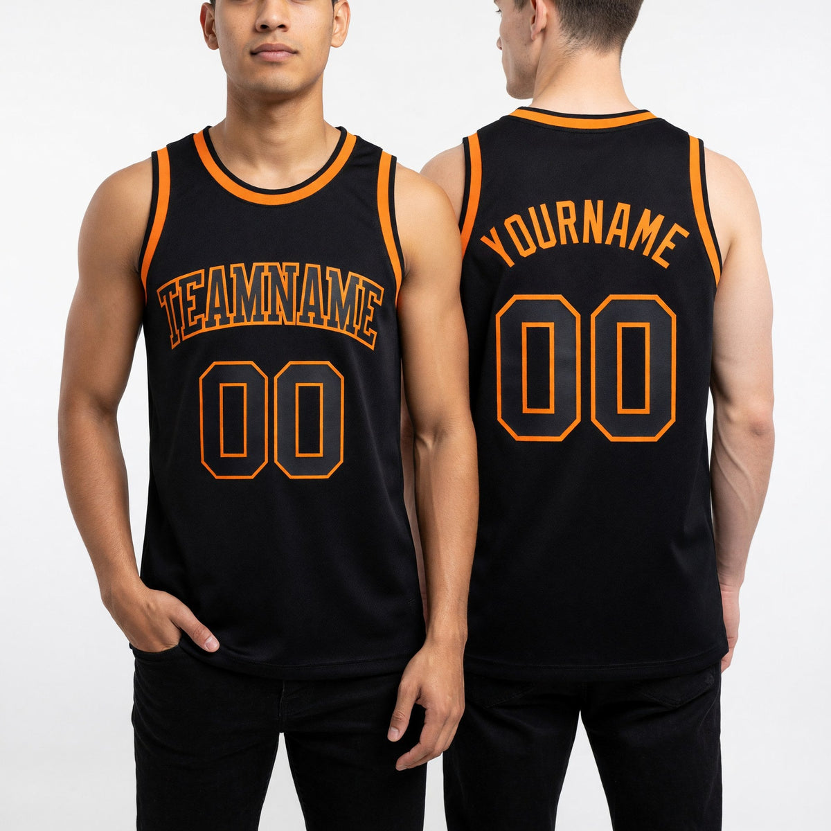 Custom Black Bay Orange Authentic Throwback Basketball Jersey worn front and back