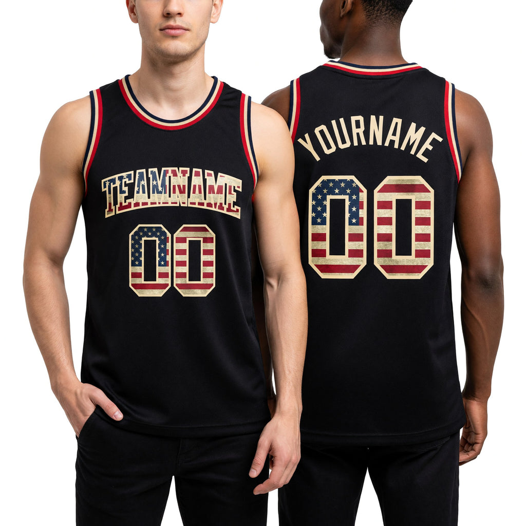 Custom Black Vintage USA Flag-City Cream Authentic Throwback Basketball Jersey worn front and back