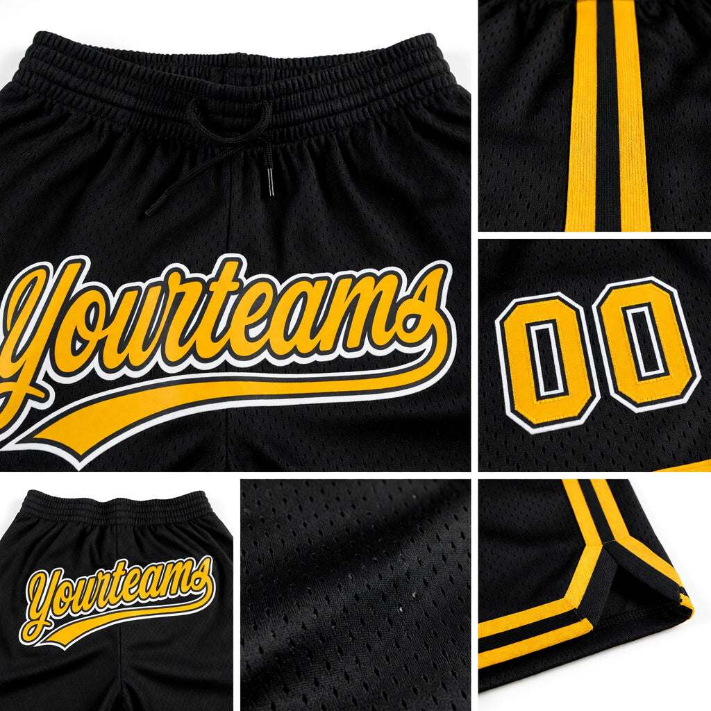 Custom Black Gold-White Authentic Throwback Basketball Shorts detail