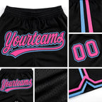 Custom Black Pink-Light Blue Authentic Throwback Basketball Shorts detail