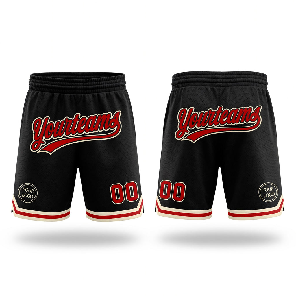 Custom Black Red-Cream Authentic Throwback Basketball Shorts
