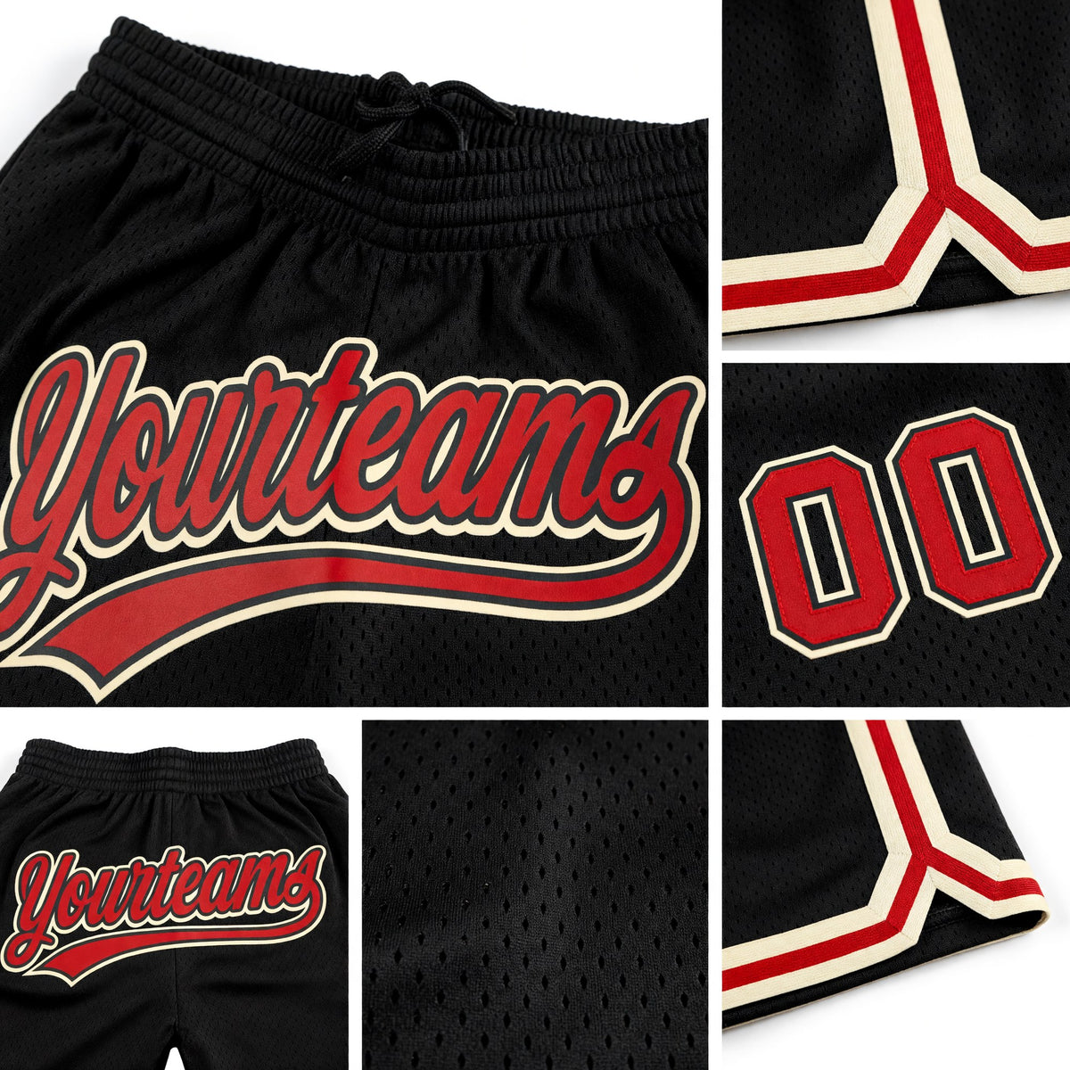 Custom Black Red-Cream Authentic Throwback Basketball Shorts detail