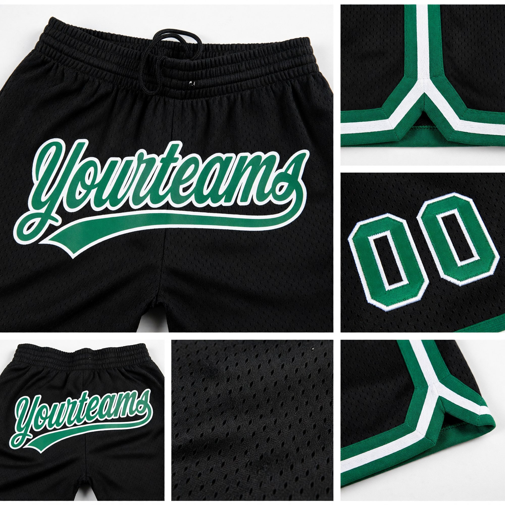 Custom Black Kelly Green-White Authentic Throwback Basketball Shorts detail
