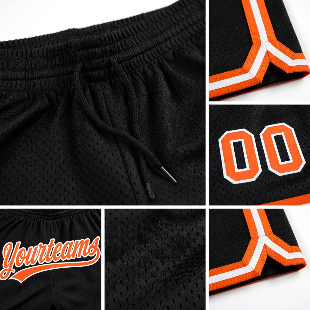 Custom Black Orange-White Authentic Throwback Basketball Shorts detail