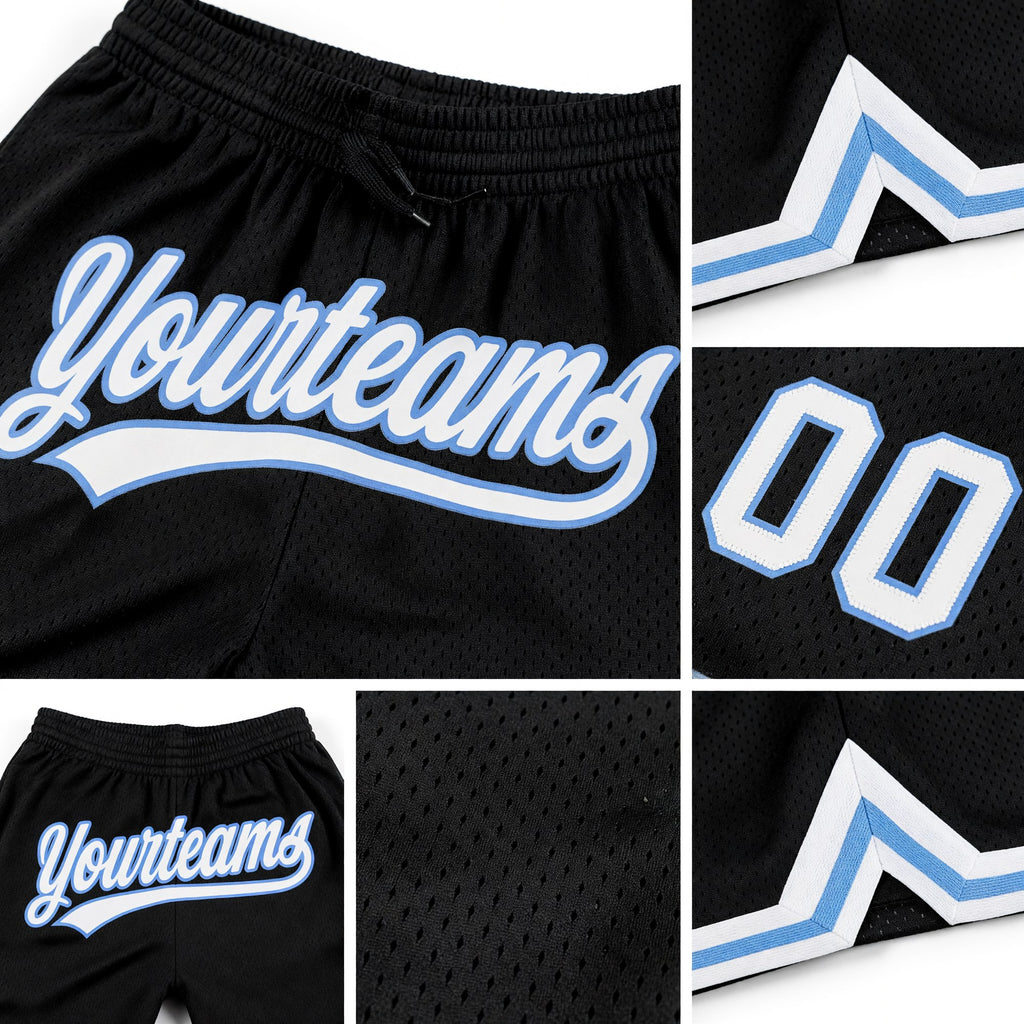 Custom Black White-Light Blue Authentic Throwback Basketball Shorts detail