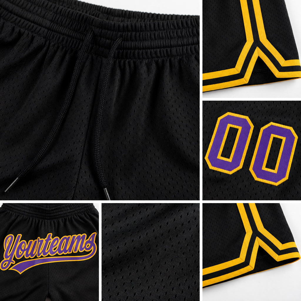 Custom Black Purple-Gold Authentic Throwback Basketball Shorts detail