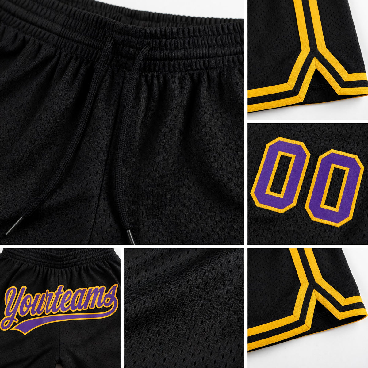 Custom Black Purple-Gold Authentic Throwback Basketball Shorts detail