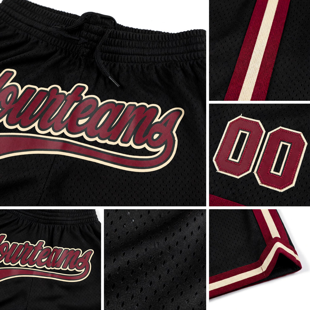 Custom Black Maroon-Cream Authentic Throwback Basketball Shorts detail