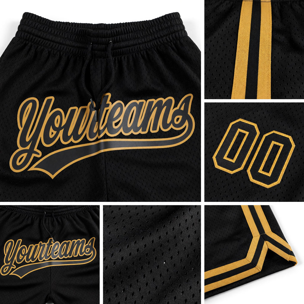 Custom Black Old Gold Authentic Throwback Basketball Shorts detail