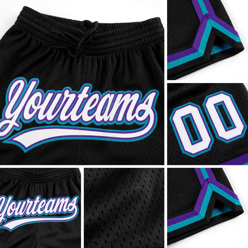 Custom Black White Purple-Teal Authentic Throwback Basketball Shorts detail