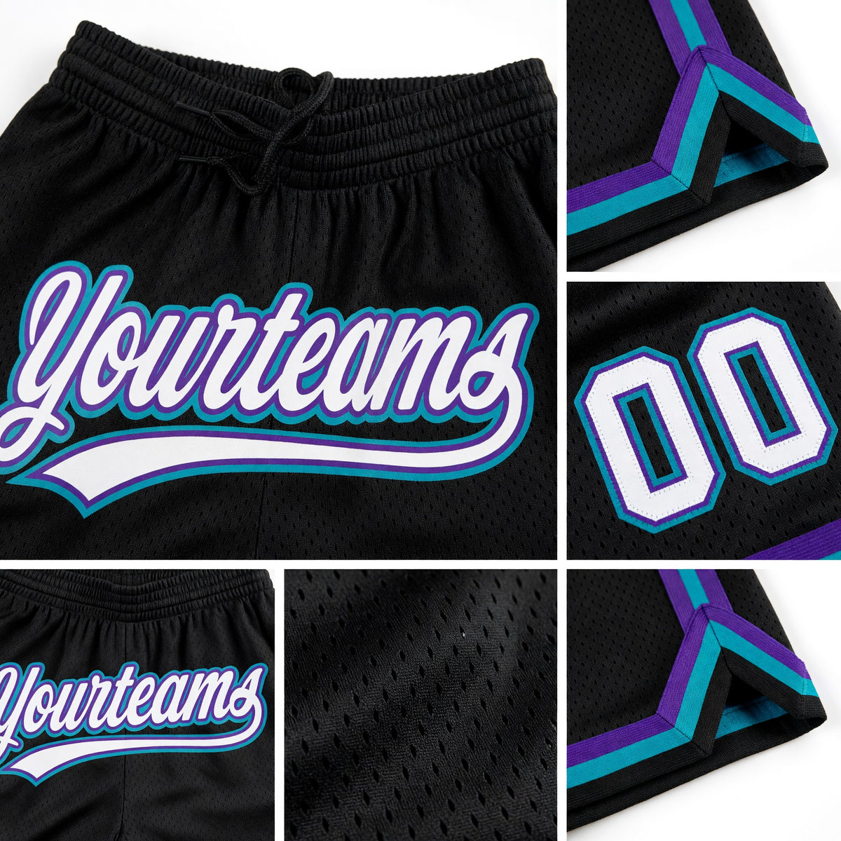 Custom Black White Purple-Teal Authentic Throwback Basketball Shorts detail