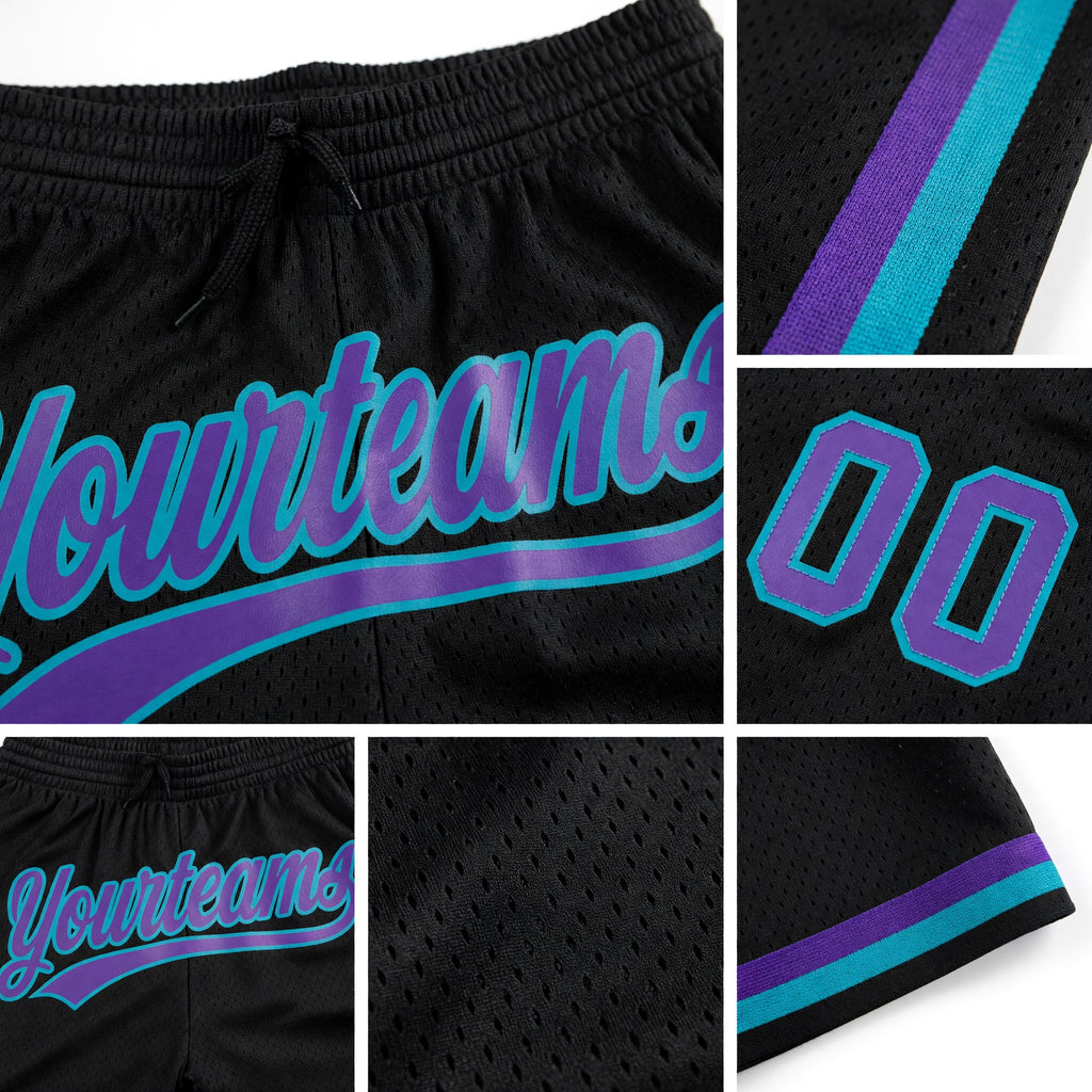 Custom Black Purple-Teal Authentic Throwback Basketball Shorts detail
