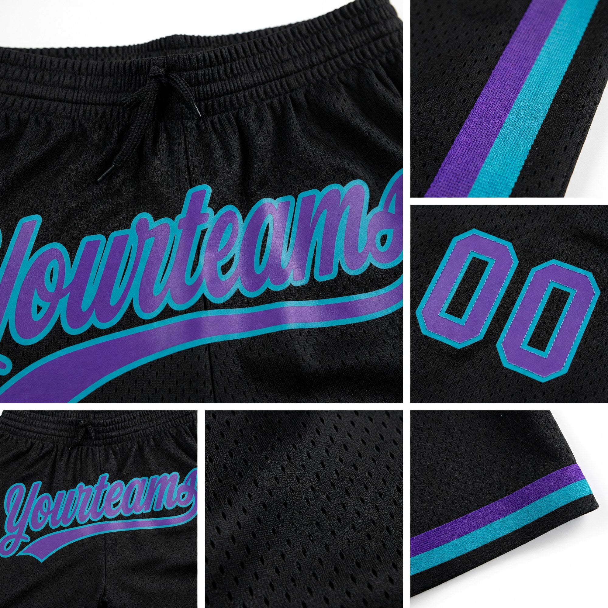 Custom Black Purple-Teal Authentic Throwback Basketball Shorts detail