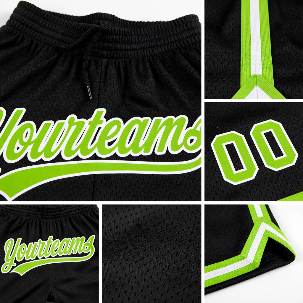 Custom Black Neon Green-White Authentic Throwback Basketball Shorts detail