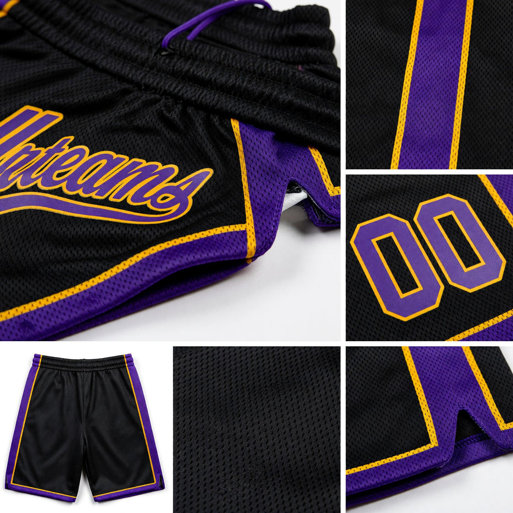 Custom Black Purple-Gold Authentic Basketball Shorts detail