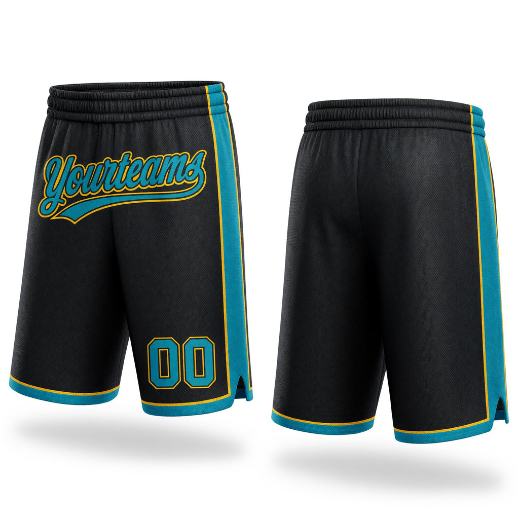 Custom Black Teal-Yellow Authentic Basketball Shorts