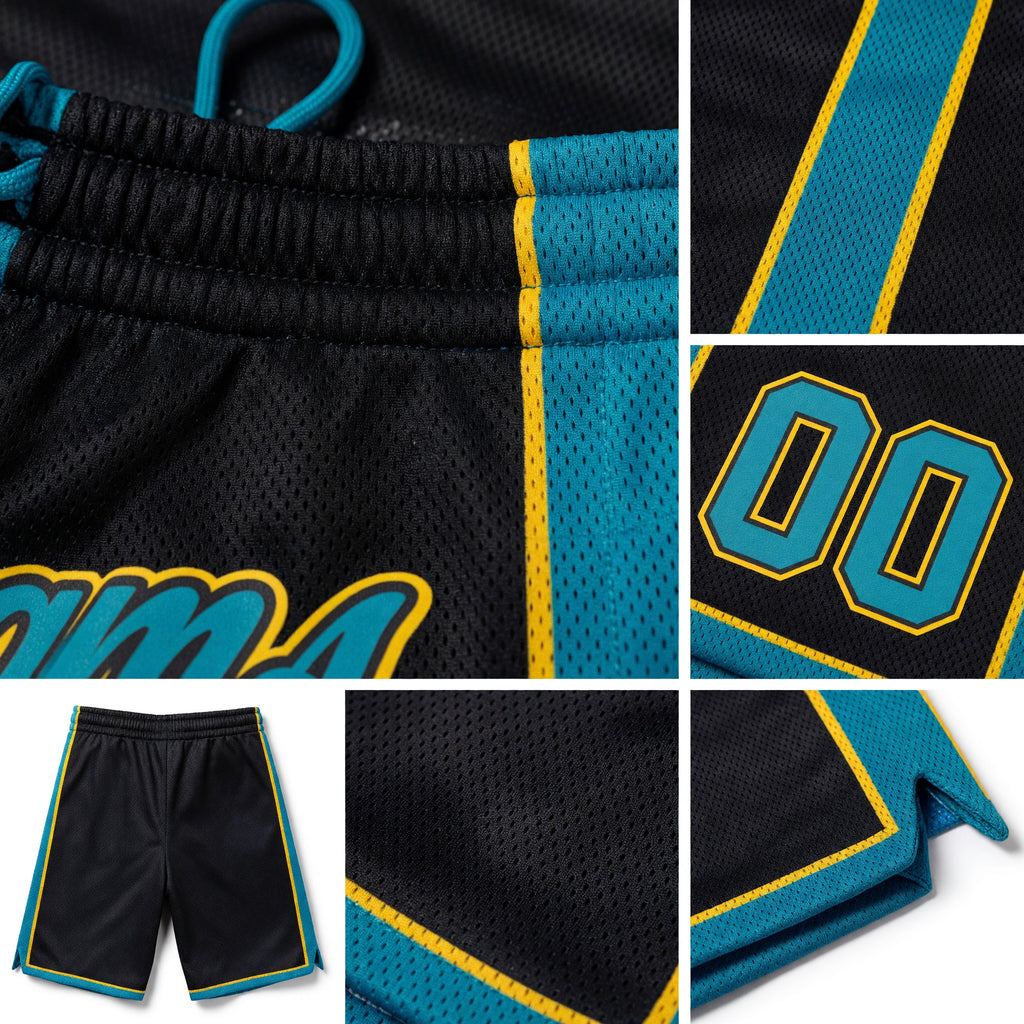 Custom Black Teal-Yellow Authentic Basketball Shorts detail