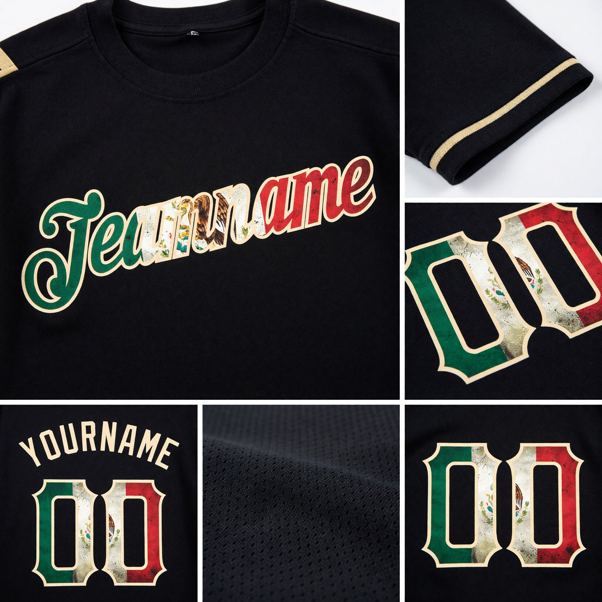 Custom Black Vintage Mexican Flag-City Cream Performance T-Shirt detail
