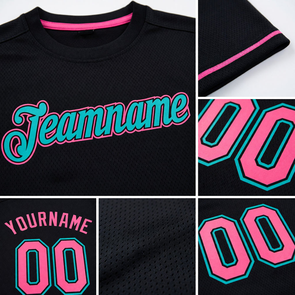 Custom Black Neon Pink-Aqua Performance T-Shirt detail