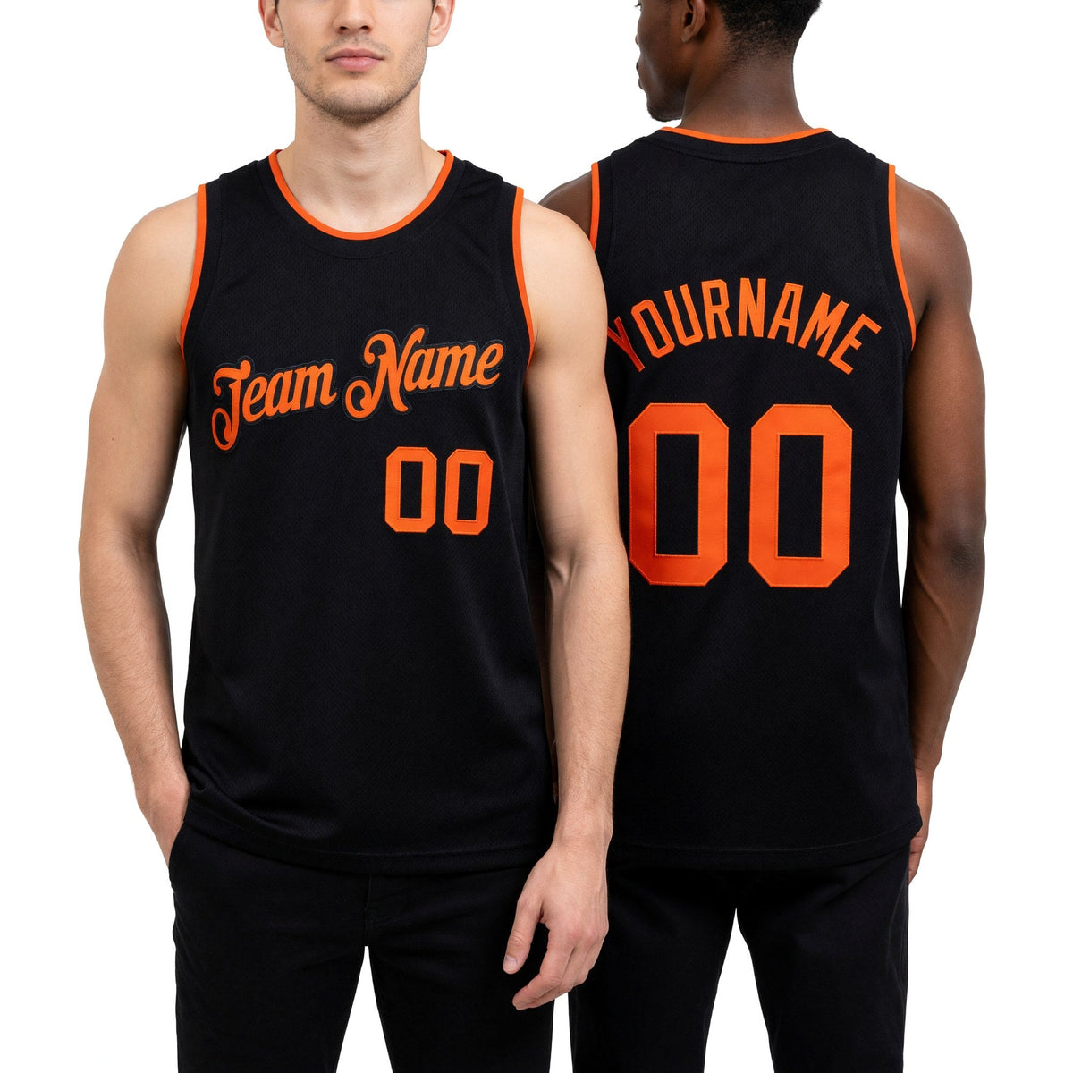 Custom Black Orange Authentic Throwback Basketball Jersey worn front and back