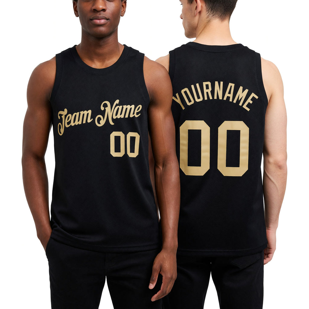 Custom Black Vegas Gold Authentic Throwback Basketball Jersey worn front and back