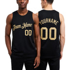 Custom Black Vegas Gold Authentic Throwback Basketball Jersey worn front and back